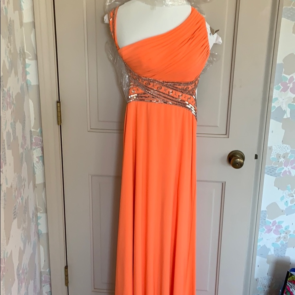 Cache Orange and Silver One Shoulder Backless Prom Dress Size 4